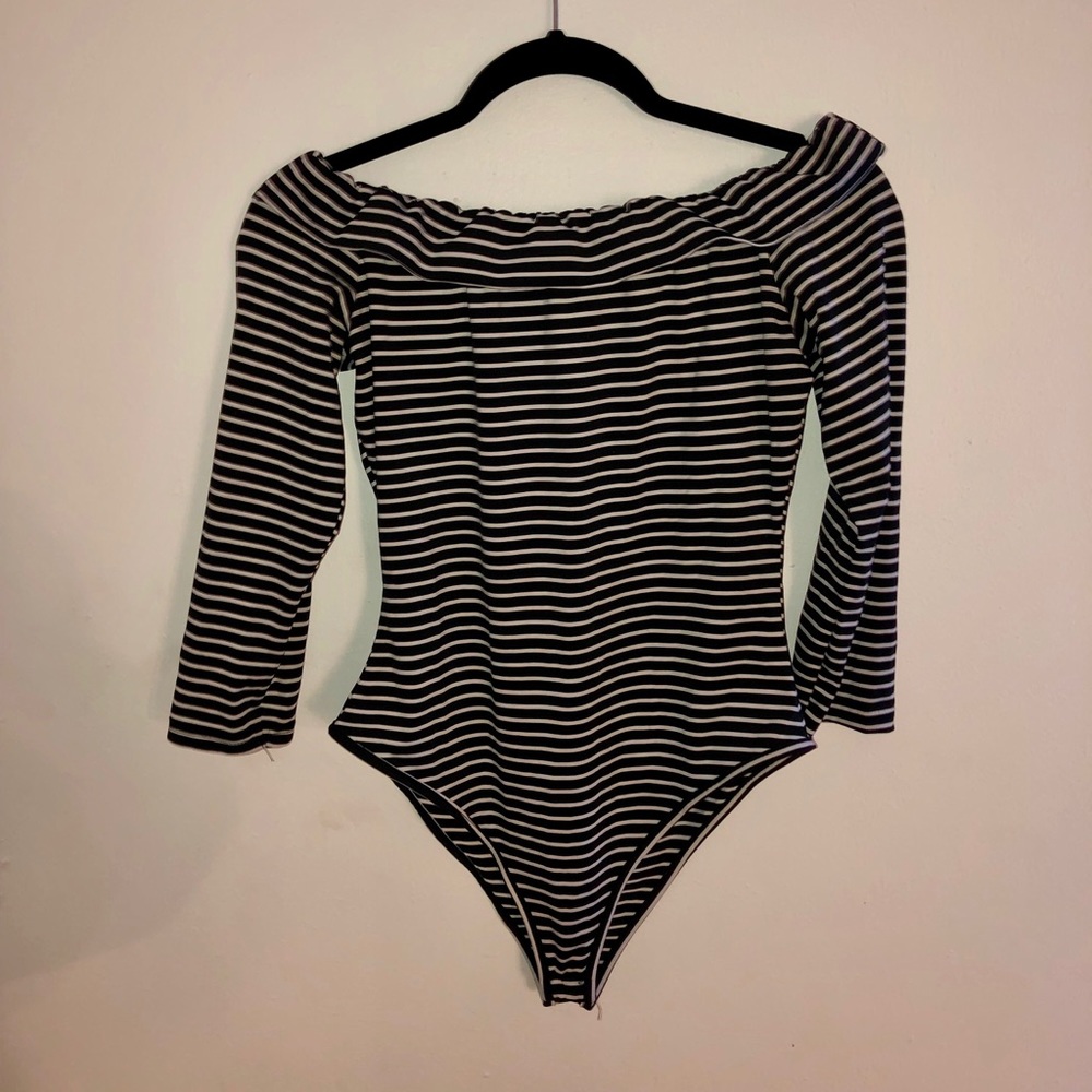 Off the shoulder stripped bodysuit